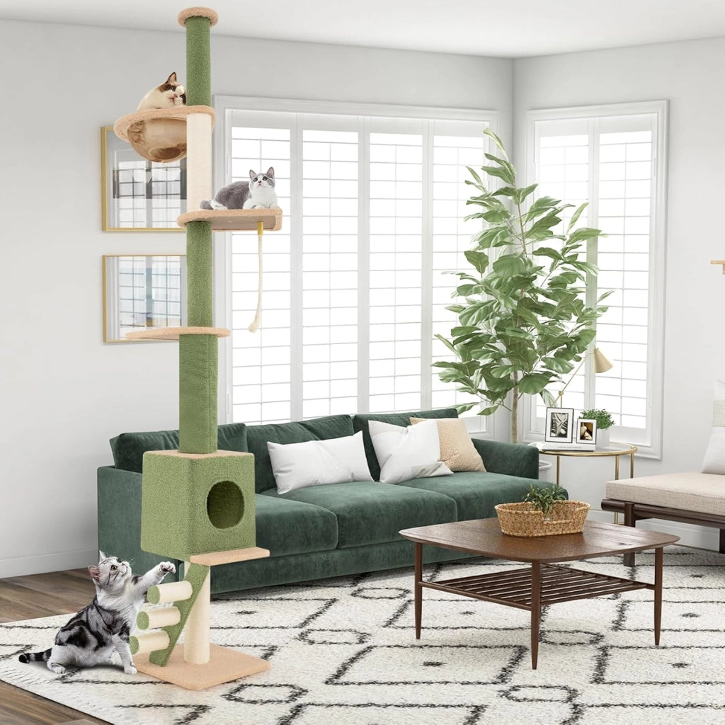Tiragraffi per Gatti con Altezza Regolabile 218-253cm, Torre per Animali Domestici con 5 Livelli, Cordino, Pali in Sisal e Scala, Albero per Gatti, Verde