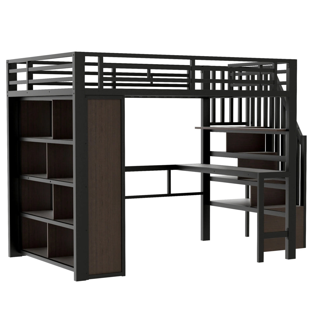 Letto a soppalco ULEVR 140x200 cm con scrivania, ripiani, scala contenitore e LED regolabile, nero