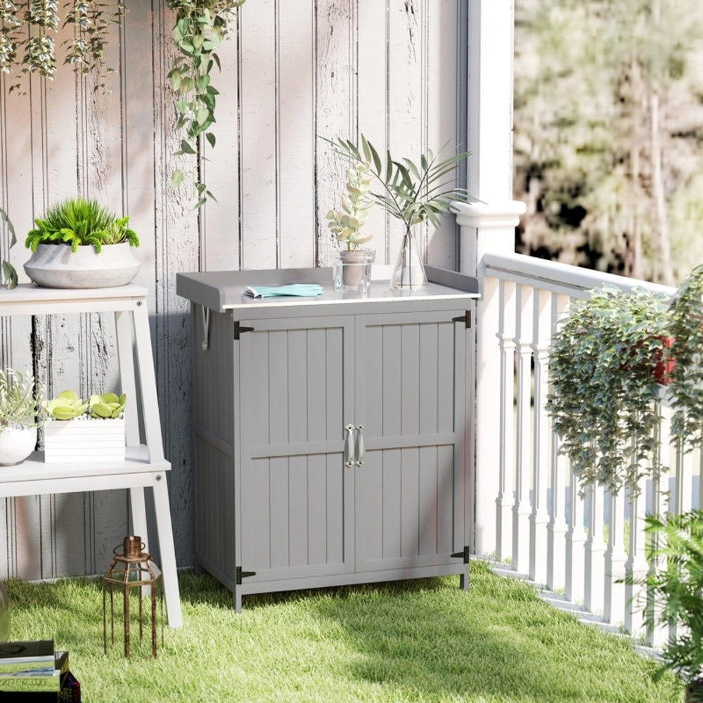 Mobile da giardino in legno con piano di lavoro, doppia funzione, ante doppie, grigio