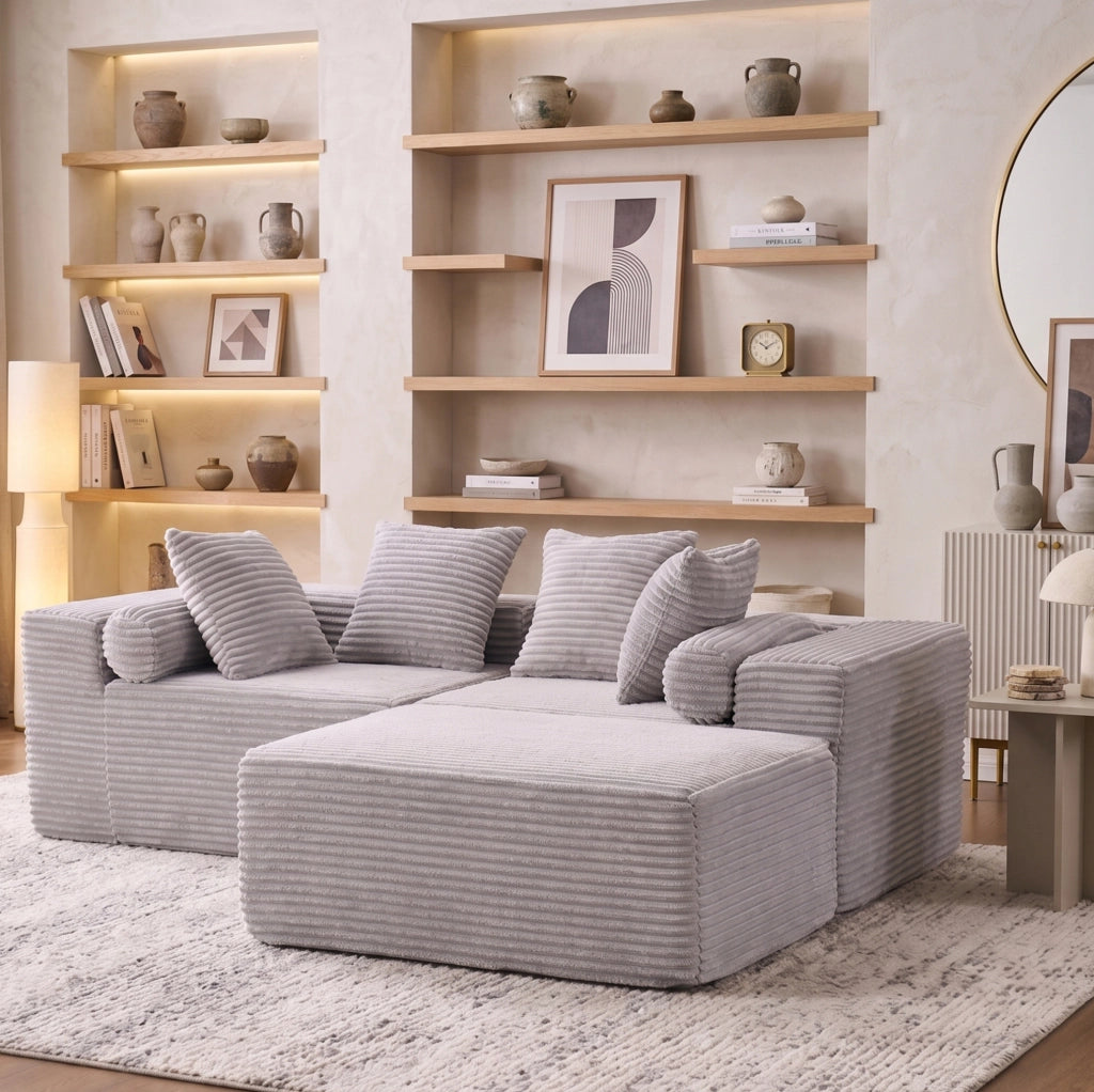 Divano modulare componibile 3 pezzi senza montaggio; chaise longue ampia; grigio