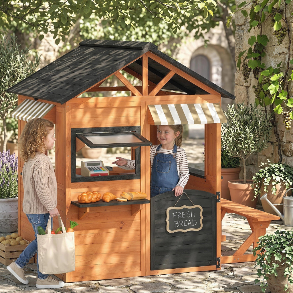 Casetta bambini in legno con cucina giocattolo e panchina ¨C zephmum ¨C marrone