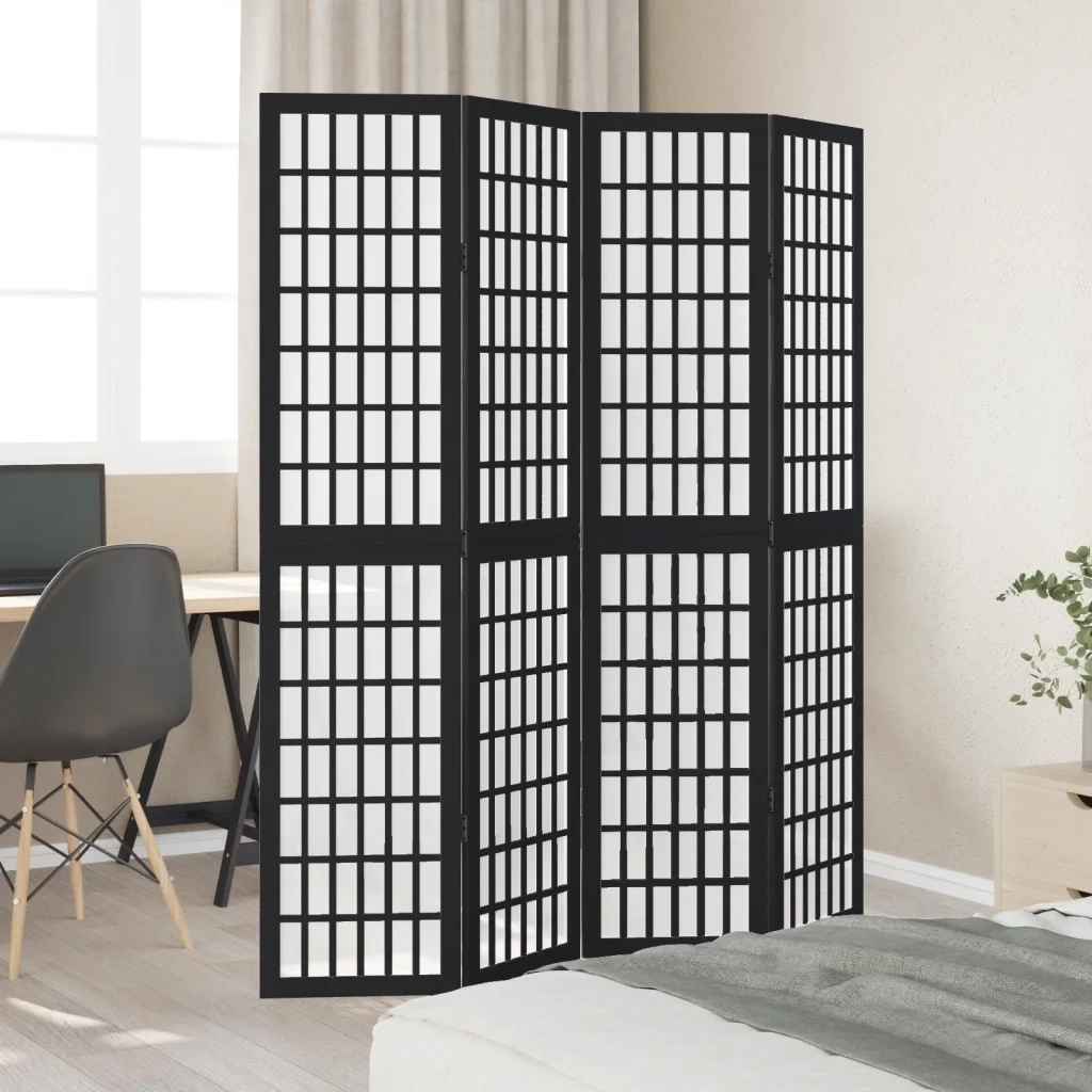 Divisorio Ambienti | Divider per stanze | Paravento 4 Pannelli Nero Legno Massello di Paulownia