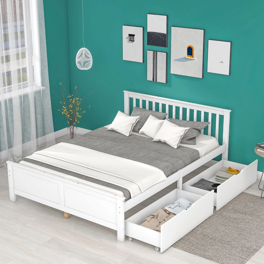 Letto Matrimoniale 140x200 cm con 2 Cassetti; Struttura in Legno; Bianco