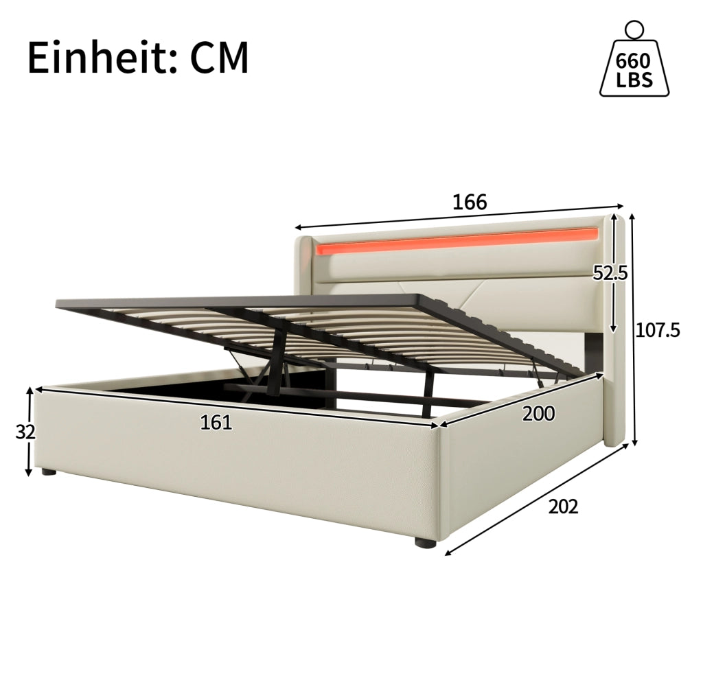 Letto contenitore imbottito 160x200 cm in PU bianco con LED