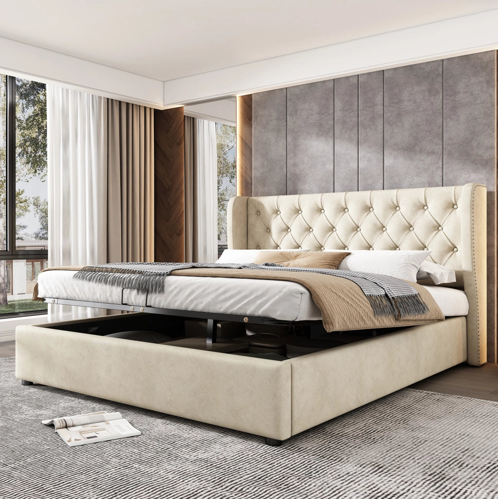 Letto matrimoniale imbottito stile Chesterfield 180x200 cm in velluto beige con contenitore