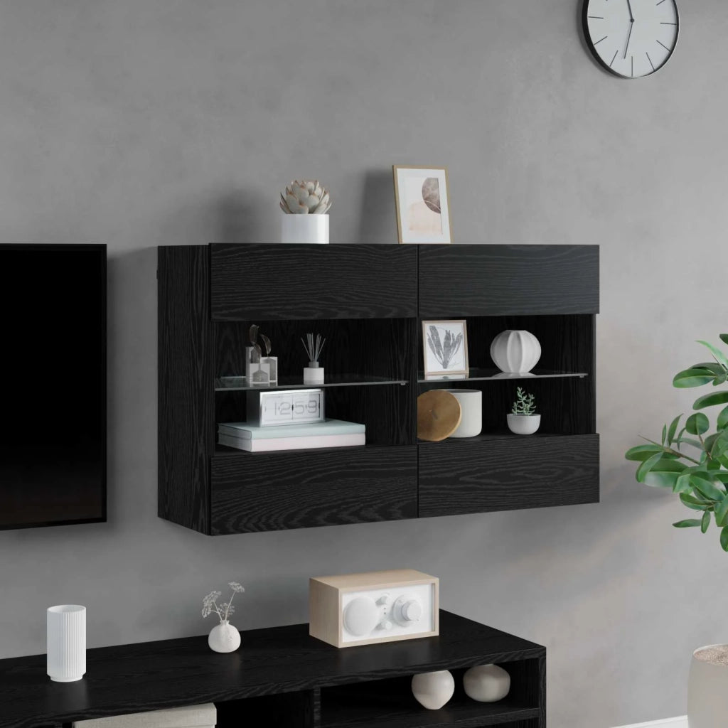 Mobile TV da parete con LED Rovere Nero 98,5 x 30 x 60,5 cm