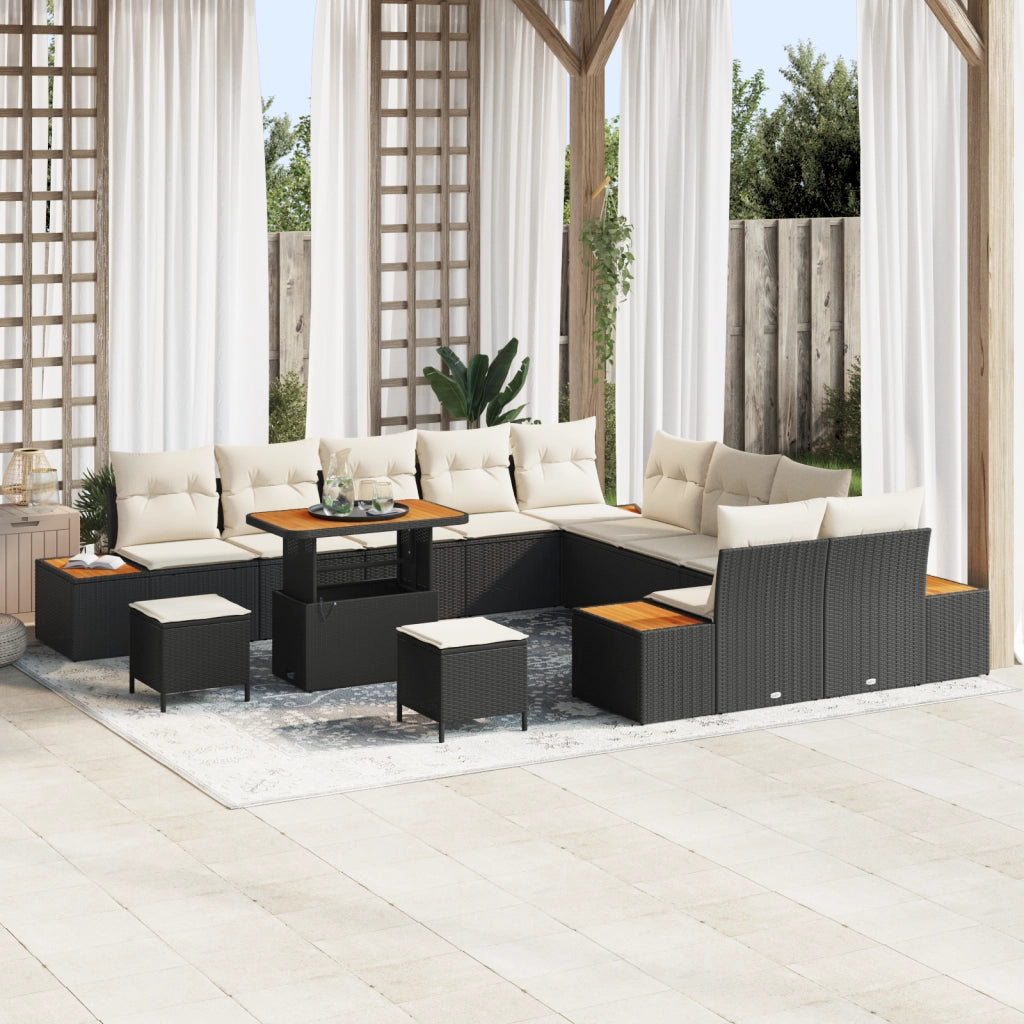 Set Divani Giardino  13 Pezzi con Cuscini Nero Polyrattan Acacia