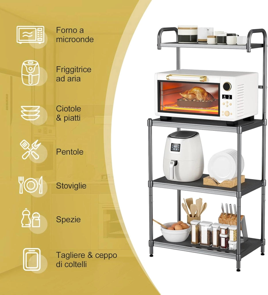 COSTWAY Microonde Scaffale da Cucina per Microonde in Metallo a 4 Ripiani, Carrello per Microonde Scaffalatura Organizzatore Portaoggetti, 60 x 34 x 136 cm (Grigio)
