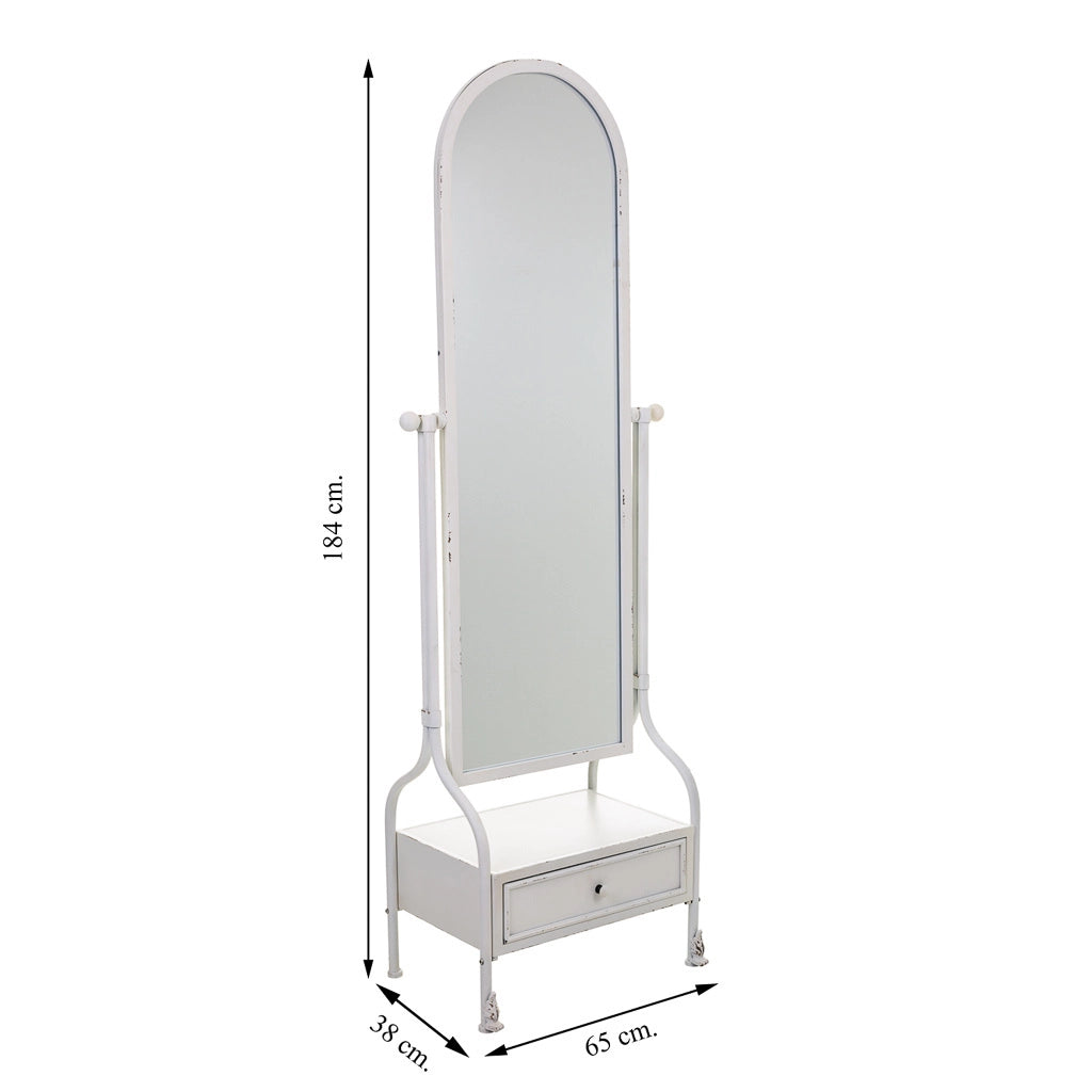 Specchio da terra e cassetto in metallo bianco 65x38x184h
