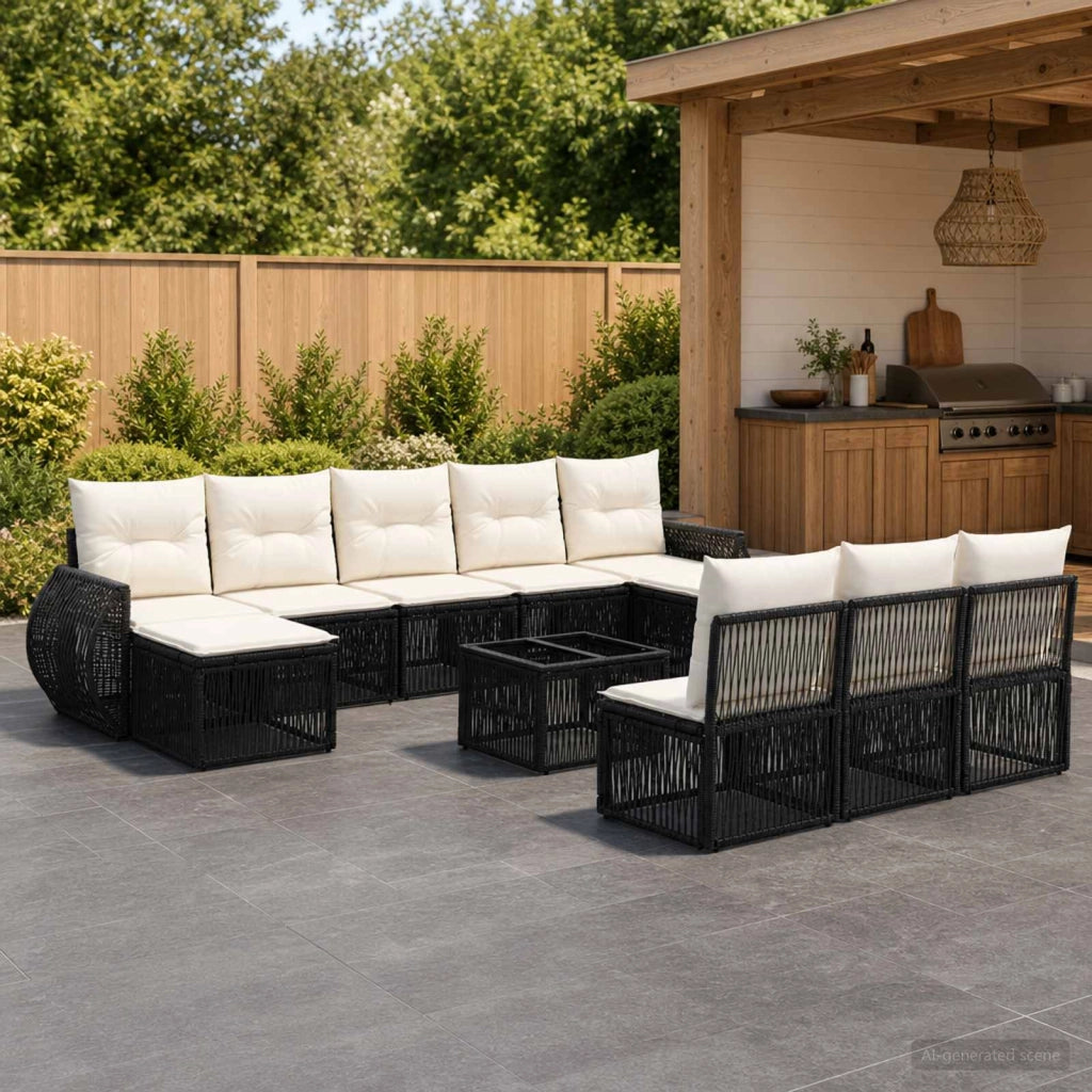 Set Divano da Giardino 11 pz Nero e Bianco Crema polyrattan 3435541