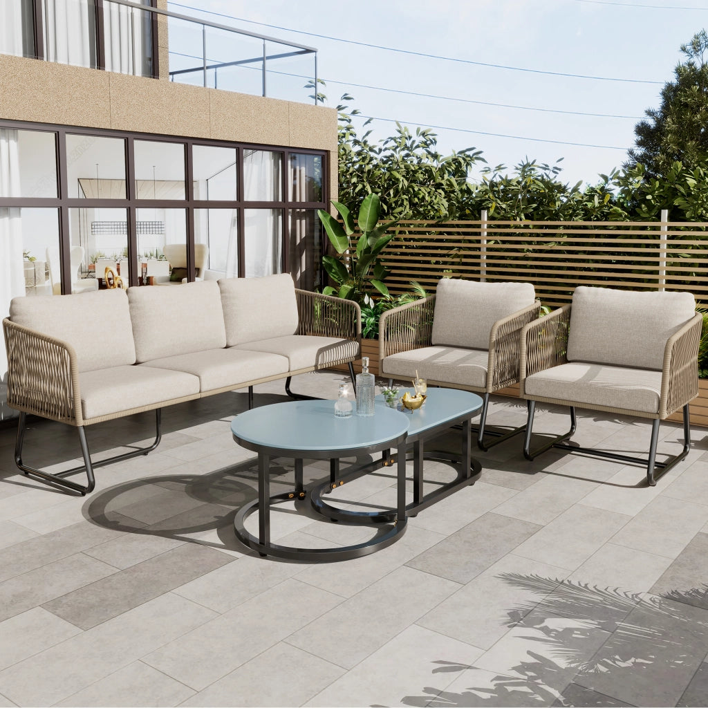 Set Lounge da Giardino 5 Pezzi con Cuscini ¨C MINIMAL ¨C Rattan/Vetro, Beige