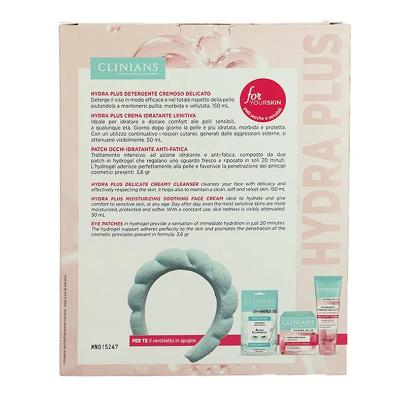 CLINIANS CONFEZIONE REGALO HYDRA PLUS GEL DETERGENTE CREMOSO DELICATO 150ML, CREMA IDRATANTE LENITIVA 50ML, PATCH OCCHI IDRATANTE ANTI-FATICA 3.6ML + CERCHIETTO IN SPUGNA - PELLI NORMALI O MISTE
