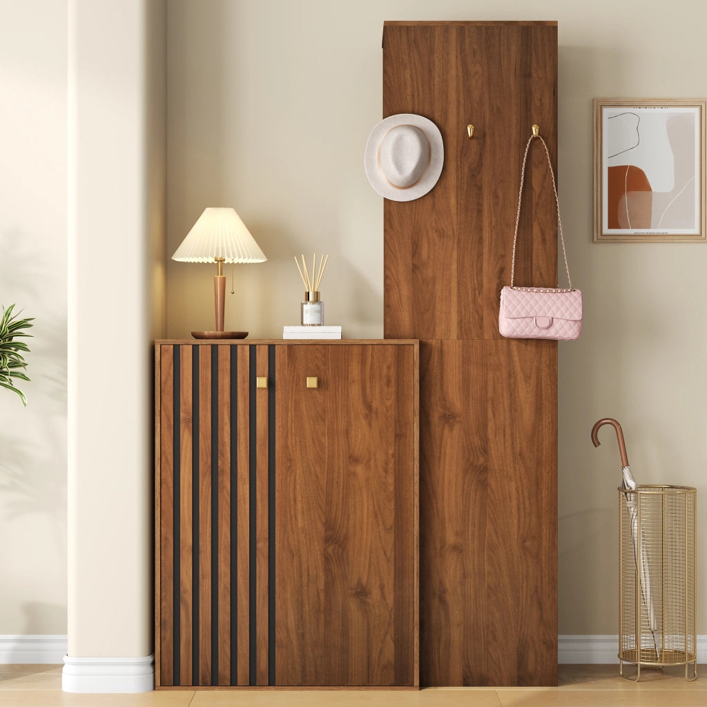 Guardaroba compatto 115x38.5x191.5 cm con scarpiera e ripiani regolabili in MDF noce