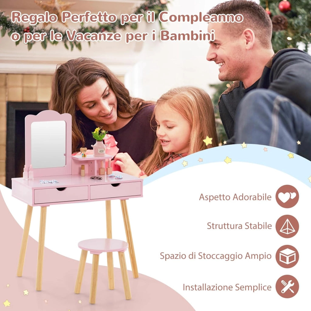 2 in 1 Set Toeletta per Bambini, Postazione Trucco in Legno con Sgabello, Specchio Rettangolare Staccabile e 2 Cassetti Capienti, Ideale per Bambini dai 3 ai 7 Anni, 70 x 37 x 100 cm