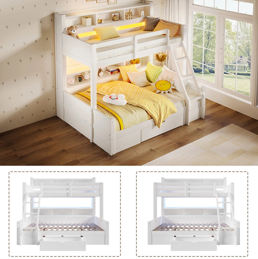 Letto a castello con vano contenitore, cassetto e luce LED integrata