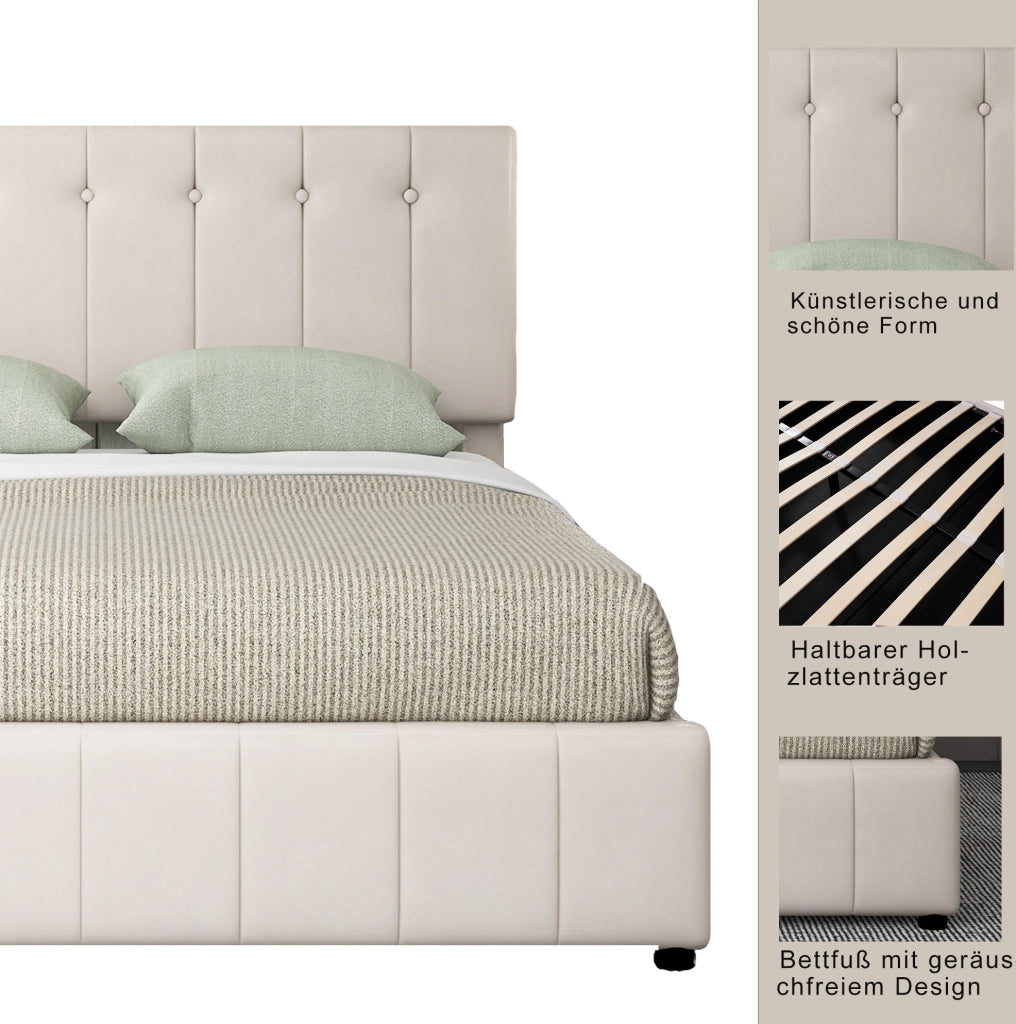 Letto matrimoniale imbottito 140x200 cm con contenitore idraulico; velluto crema