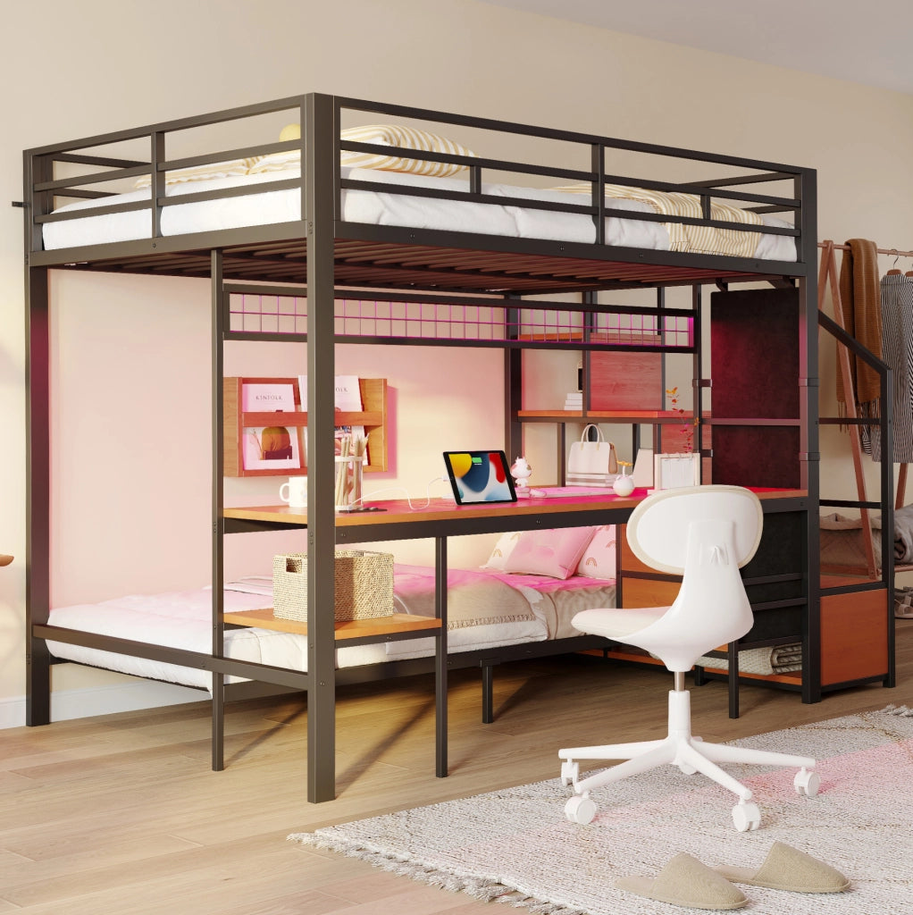 Letto a soppalco 140x200/90x200 con scrivania; LED; prese e cassetti in tessuto; nero