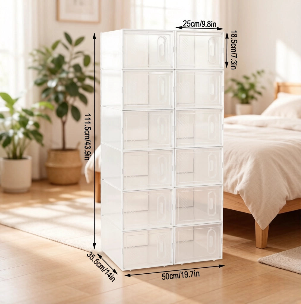Set di 12 Scatole Impilabili per Scarpe in Plastica Trasparente e Bianco 25x18,5x35,5 cm