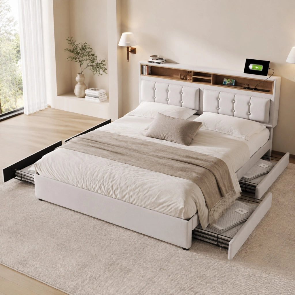 DESMIU Letto Matrimoniale Imbottito 160 × 200 cm con 4 Cassetti, USB, Tipo C e Testiera Regolabile, Senza Materasso