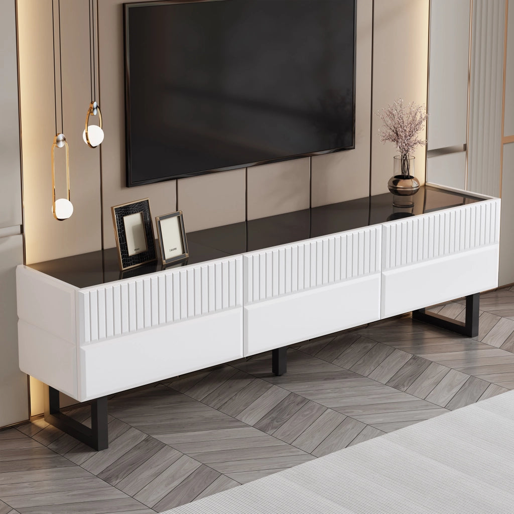 Mobile TV con 3 Cassetti e Piedini in Ferro; Piano Lucido; Stile Minimalista; 170??35??47 cm; Nero e Bianco
