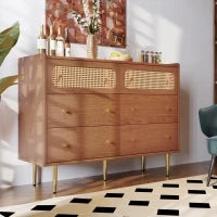 Credenza cucina Vintage con 6 Cassetti con Rattan e Maniglie Dorate per Camera da Letto e Soggiorno, Noce