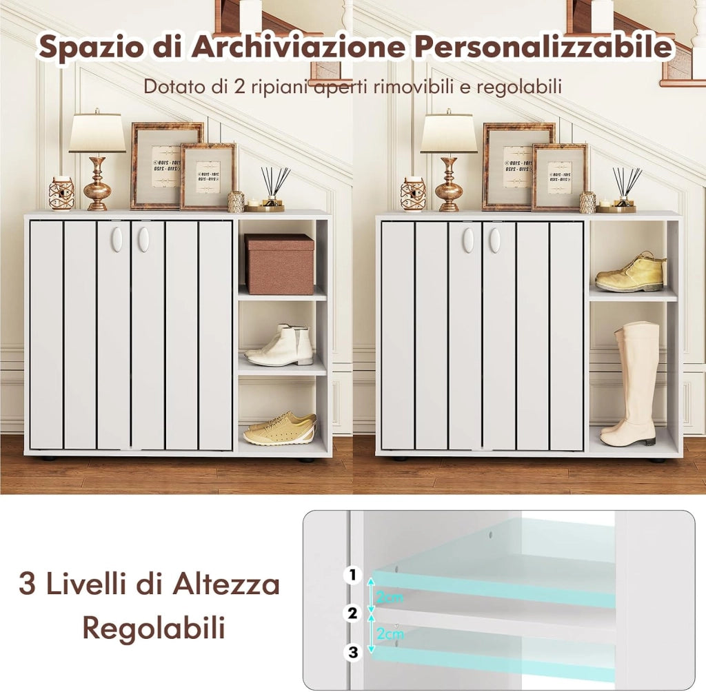 Mobiletto per Scarpe con Ante, Scaffale Porta Scarpe a 3 Ripiani con Mensole Regolabili, Organizzatore in Legno per Ingresso, Corridoio e Soggiorno, 80 x 31 x 64,5 cm (Bianco)