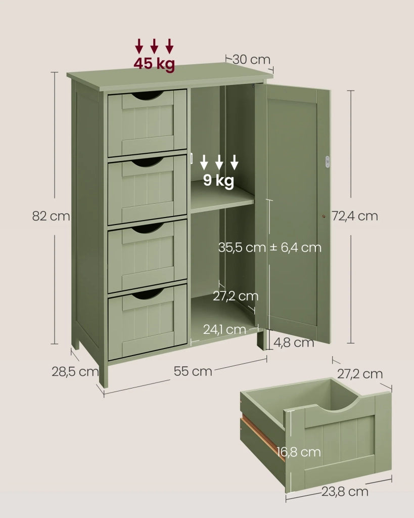 Mobiletto da bagno indipendente mobile contenitore con 4 cassetti 30 x 55 x 82 cm anta singola ripiano regolabile per soggiorno cucina e corridoio verde 12_0006501