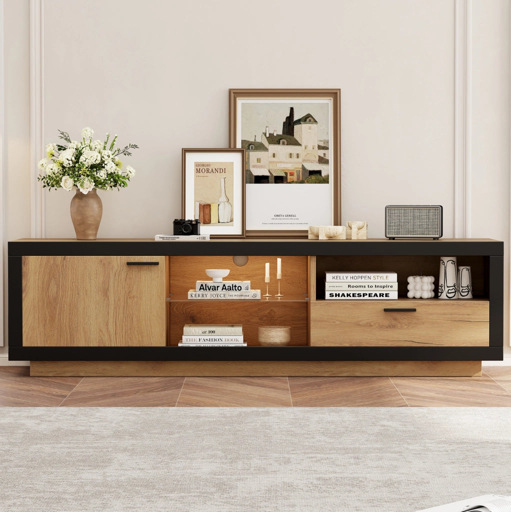 Mobile TV 160 cm nero e rovere con LED, vano portaoggetti, 2 colli