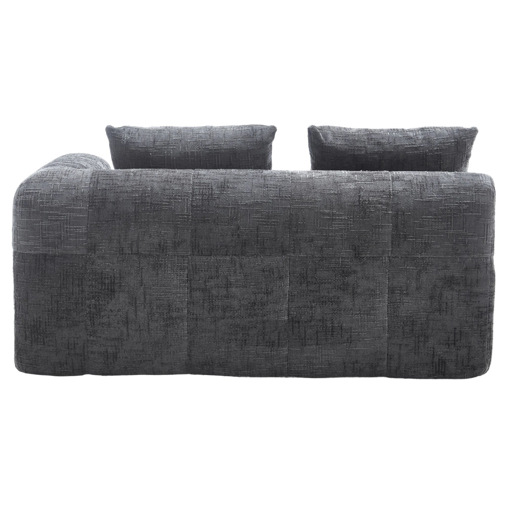 Divano 2 posti imbottito grigio con chaise longue, cuscino e tasche laterali per telecomando e cellulare