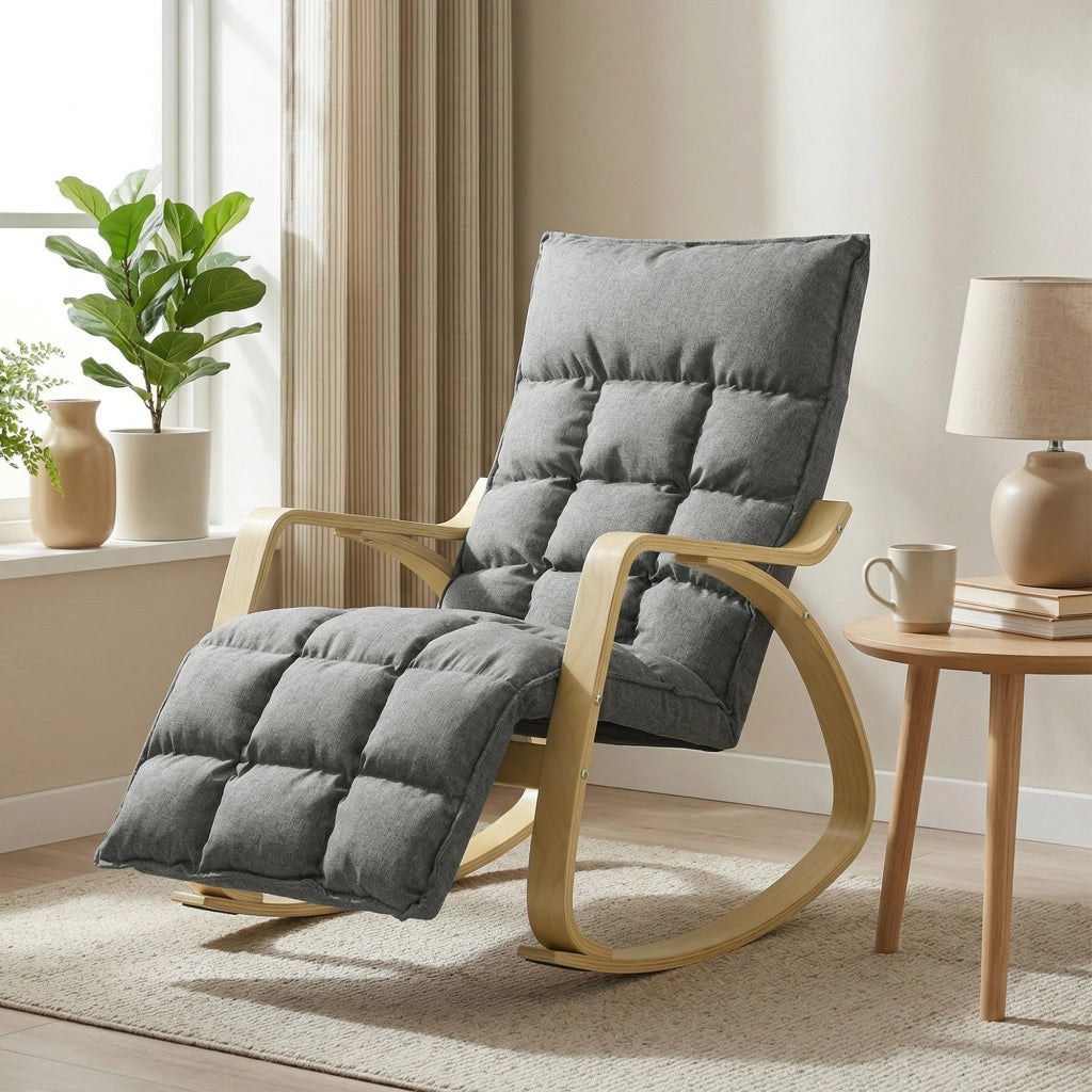 Poltrona dondolo con poggiapiedi regolabile ¨C Xylo ¨C tessuto grigio imbottita relax
