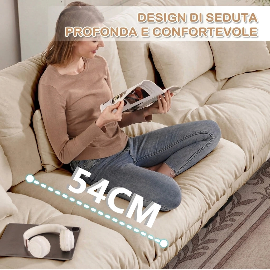 Divano angolare modulare a forma di L con pouf; 3 posti in ciniglia; 313x145x81 cm; caffè chiaro