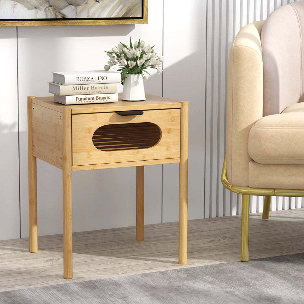 Comodino in bambù stile country con cassetto in vetro temperato design mid century-Tavolino da notte in bambù multifunzionale robusto