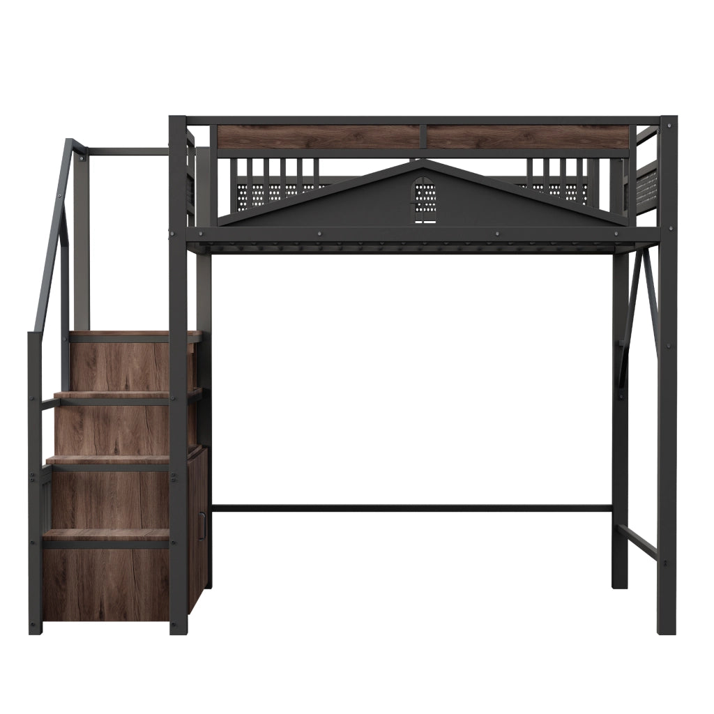 Letto a soppalco 140×200 cm con scala contenitore; armadietto e struttura in metallo; senza materasso; nero