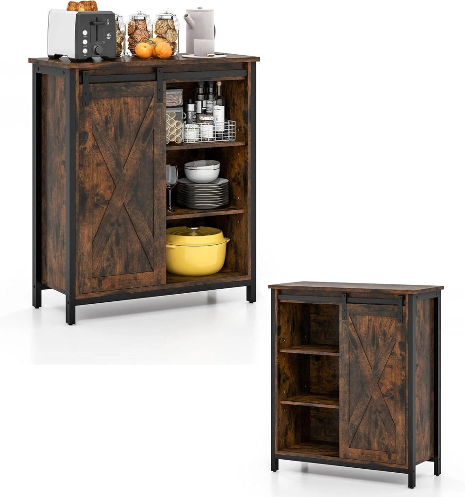 Credenza da Cucina, Mobile Buffet con Porta Scorrente in Stile Granaio, Armadio da Pranzo con 6 Scompartimenti e Ripiani Regolabili a 3 Livelli, Mobile Industriale, 70 x 30 x 81 cm