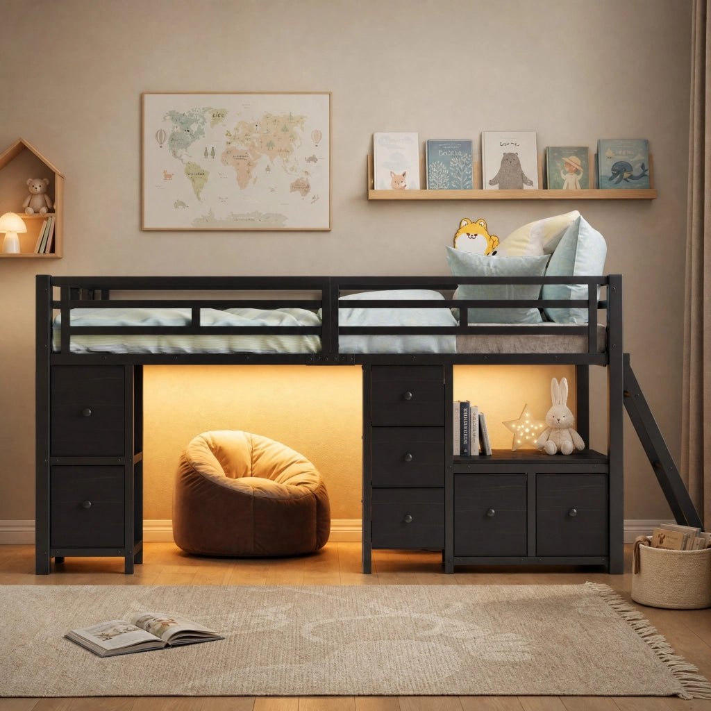 Letto a soppalco basso 90x200 cm con LED e 7 cassetti