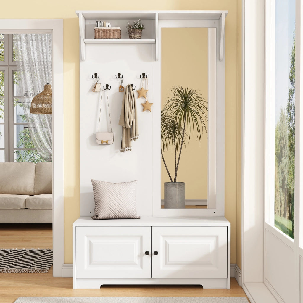 Mobile ingresso con specchio, 5 ganci e 2 vani chiusi, per ingresso, in MDF bianco, 100 × 40 × 180 cm