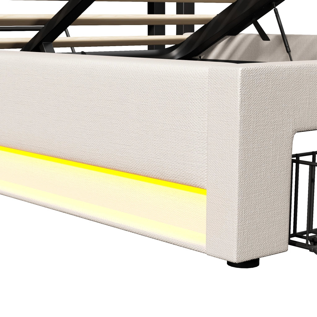 DESMIU Letto contenitore 140 × 200 cm 2 posti con USB, Type-C, LED, contenitore, senza materasso, beige