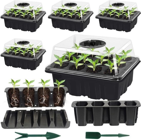 Set di coltivazione mini-broeikas a 60 celle con copertura e ventilazione per piante, 5 pezzi, starter broeikas riutilizzabile con contenitori in plastica