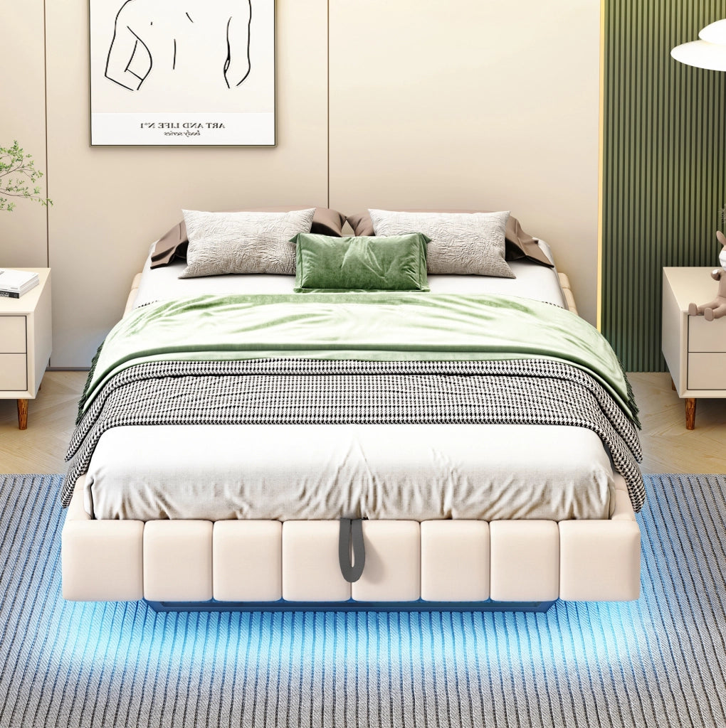 Letto imbottito sospeso 140x200 cm beige con LED e vano contenitore