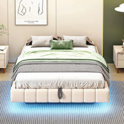 Letto imbottito sospeso 140x200 cm beige con LED e vano contenitore