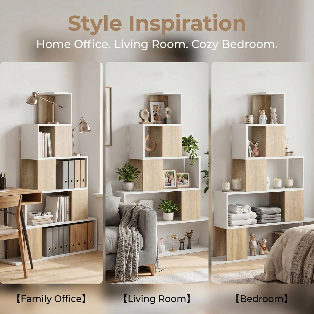 Libreria a 5 Ripiani con Design a Gradini Bianco e Naturale