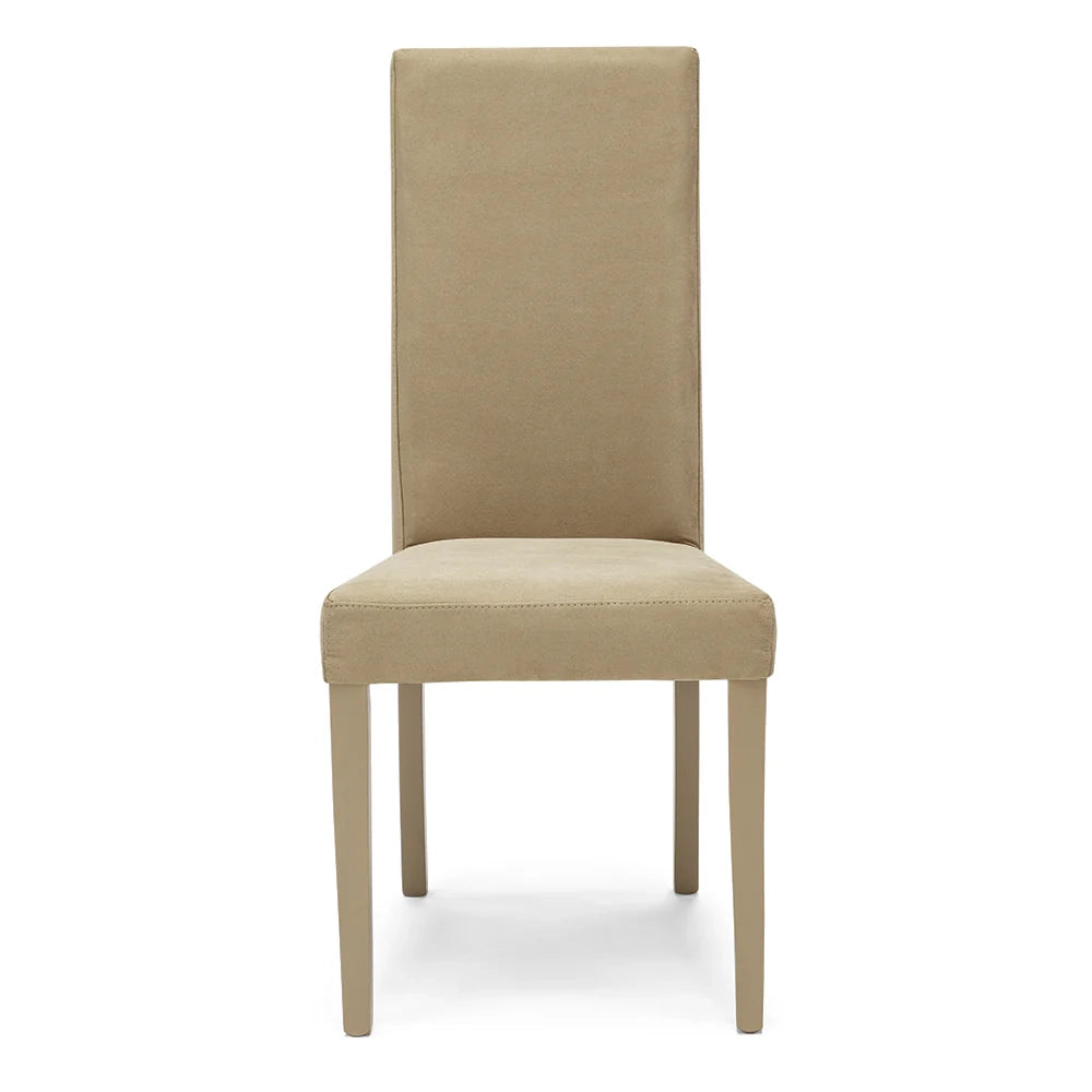 Sedia imbottita per sala da pranzo EDI NEW, MADE IN ITALY, design moderno, rivestimento in tessuto idrorepellente effetto camoscio, gambe in legno in tinta, colore Camel