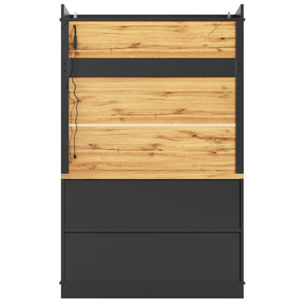 Credenza cucina 107x43x184 cm con illuminazione LED; ripiani aperti; MDF e metallo; nero
