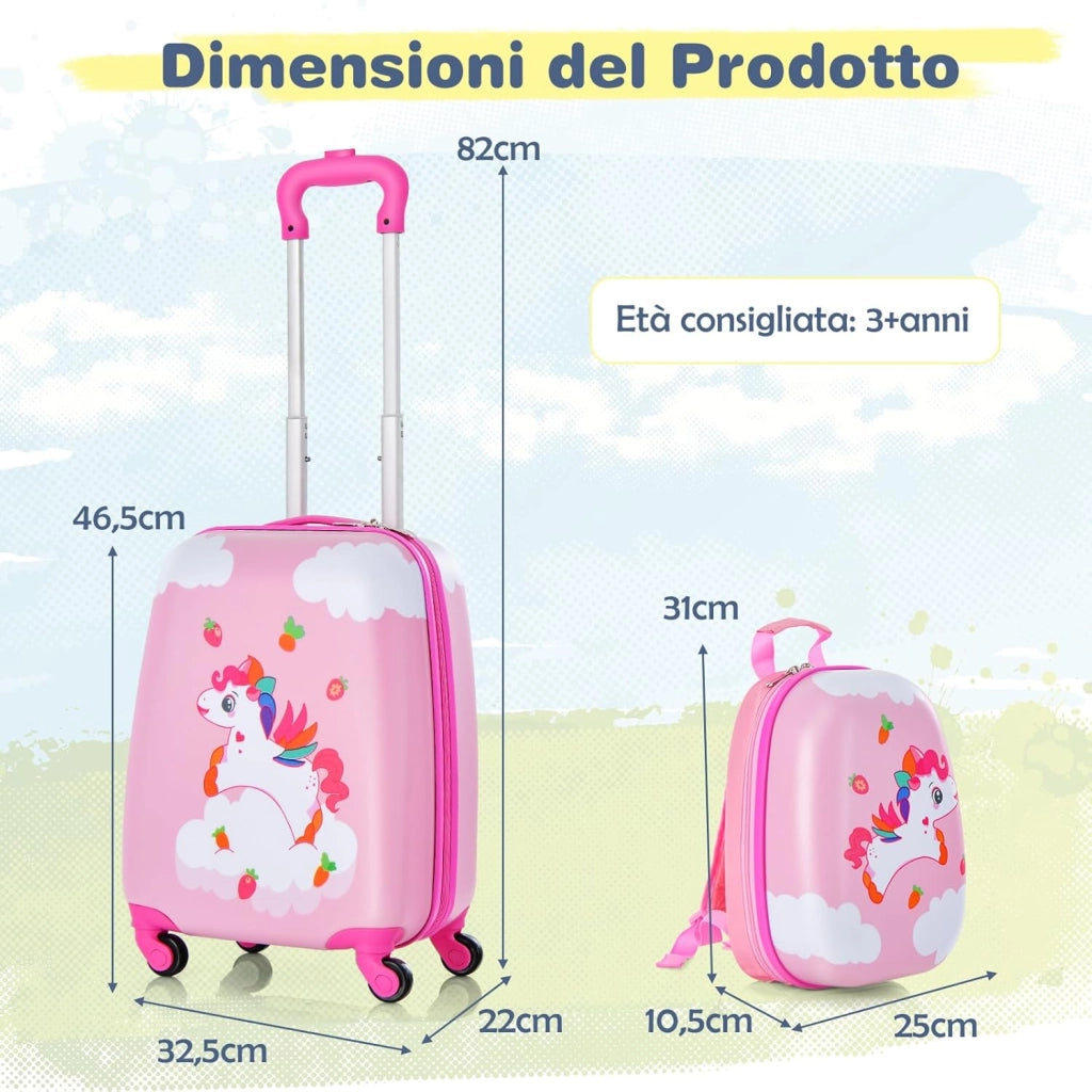 Set di Valigia per Bambini, 16" Valigia+ 12" Zaino, 2 Pezzi, con Ruote Girevoli a 360° e Maniglia Retrattile, Ideale per Viaggiare in Modo Comodo e Divertente (Modello 14)