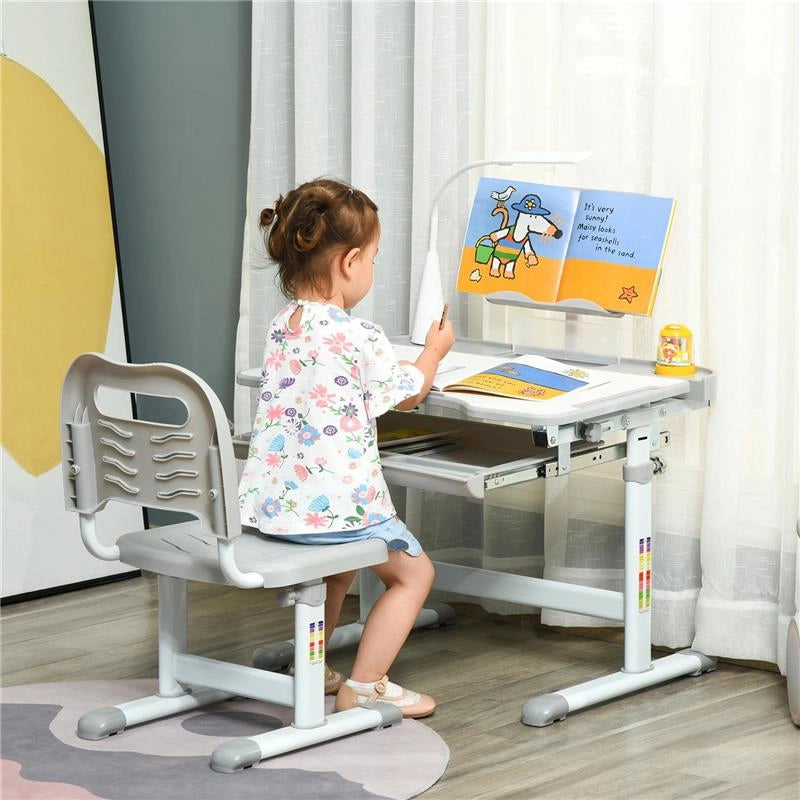 BANCO SCUOLA CON SEDIA PER BAMBINI 6-12 ANNI CON ALTEZZA E INCLINAZIONE REGOLABILE, GRIGIO