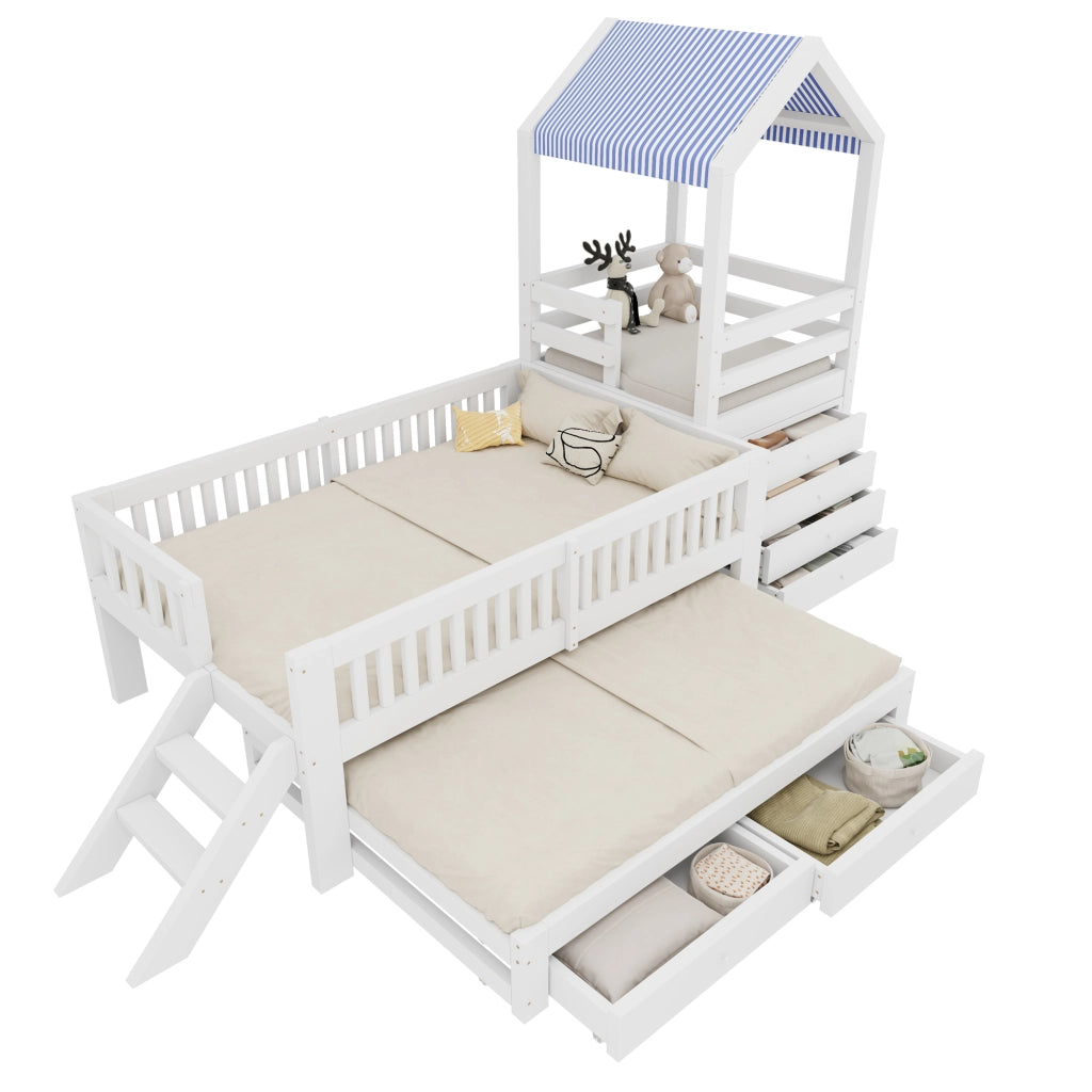 Letto a castello bambino 90×200 cm e 90×190 cm con scala laterale e cassetti; senza materasso; bianco