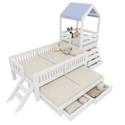 Letto a castello bambino 90×200 cm e 90×190 cm con scala laterale e cassetti; senza materasso; bianco