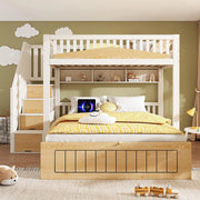 Letto a castello in legno per bambini - Xylo - 90x200 & 140x200 cm - Bianco e naturale - Con spazio di archiviazione idraulico, armadio con scala, barriera di sicurezza e porta USB-C