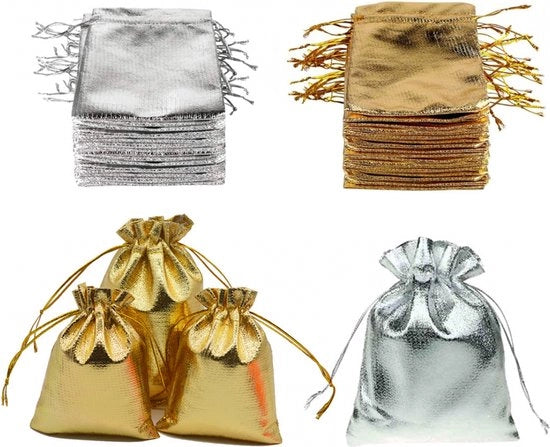 Borse di Natale - Cordone Oro e Argento - Sacchetti di Organza - 100 pezzi - 7 x 9 cm - Confezione di Natale - Decorazione di Natale - Sacchetti di Regalo - Sacchetti di Dono - Sacchetti di Festa - Sacchetti di Dolci