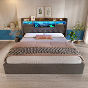 LETTO CONTENITORE 180x200 cm in lino grigio con LED e porte USB/Type-C